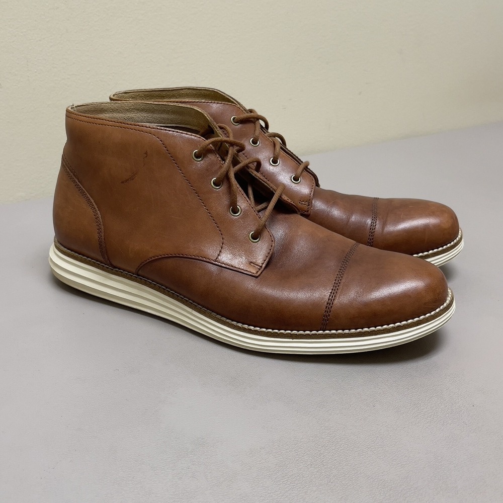 COLE HAAN Grand OS Boots Men 10.5 M Brown Leather‎ Chukka Cap Toe Lace Up Shoes